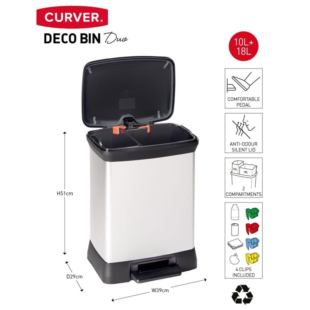 Curver Coș de gunoi duo cu pedală Deco, argintiu, 10L+18L