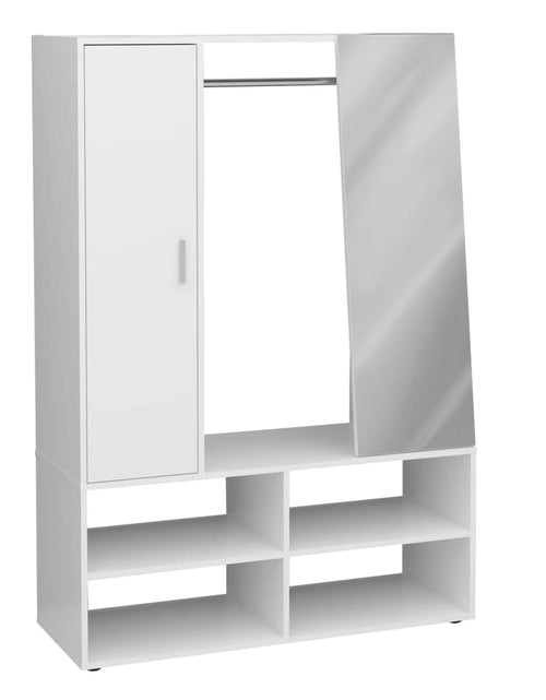 Загрузите изображение в средство просмотра галереи, FMD Șifonier cu 4 compartimente și oglindă, alb, 105x39,7x151,3 cm
