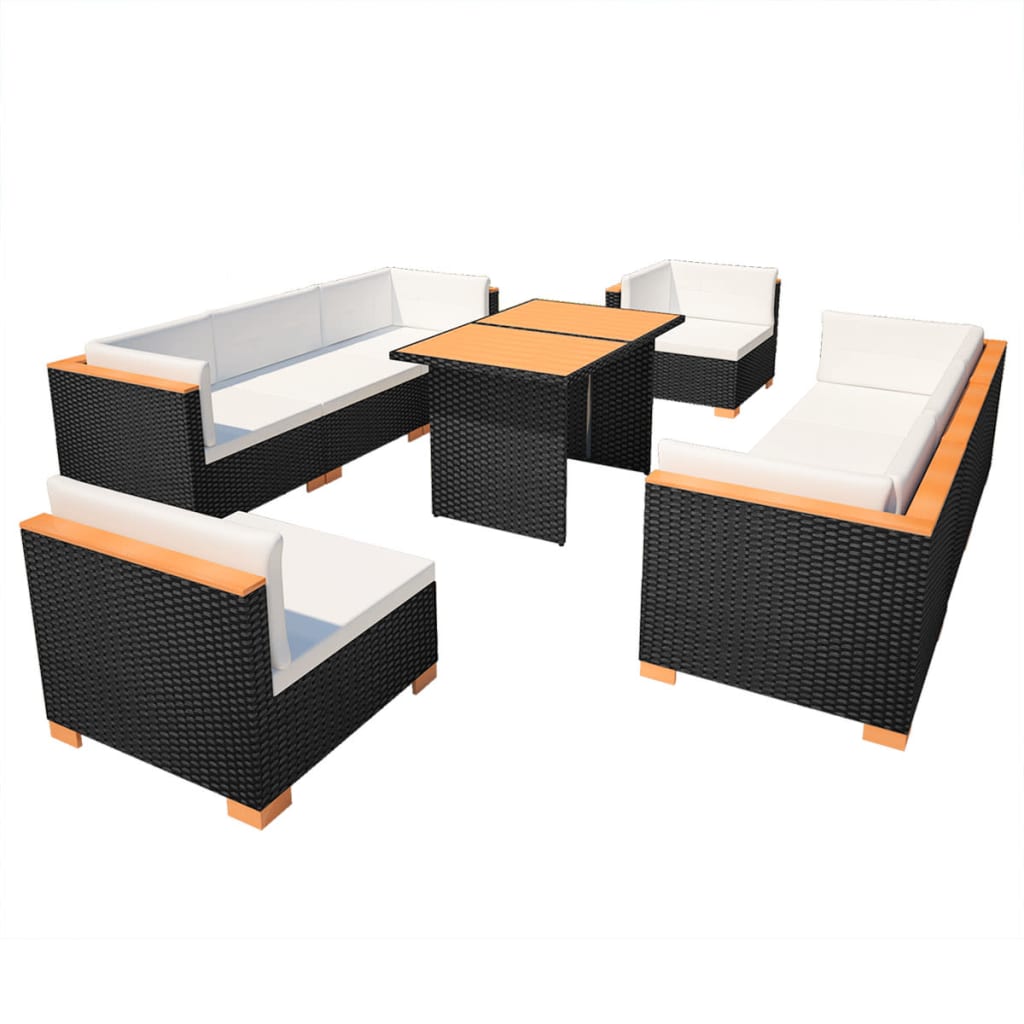 Set mobilier de grădină cu perne, 10 piese, negru, poliratan