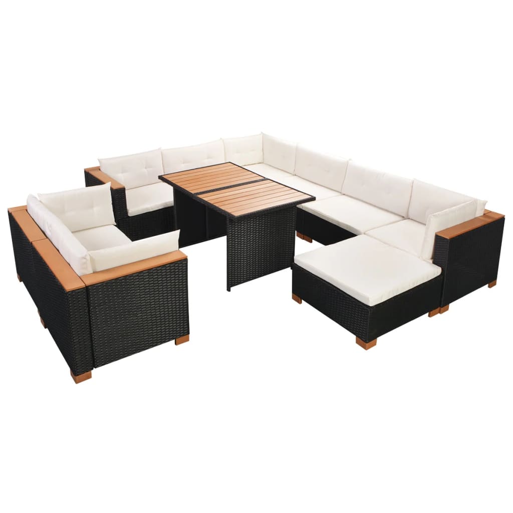 Set mobilier de grădină cu perne, 10 piese, negru, poliratan