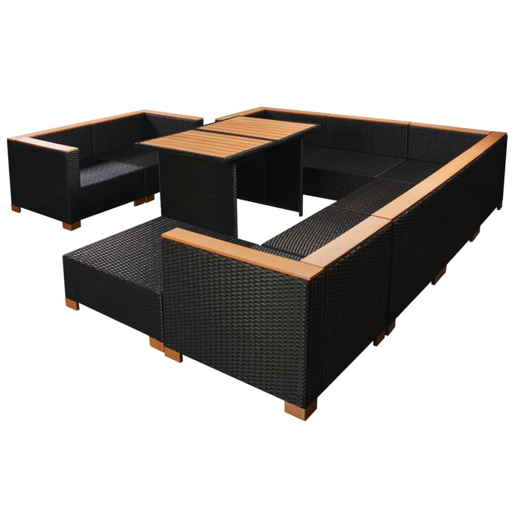 Set mobilier de grădină cu perne, 10 piese, negru, poliratan