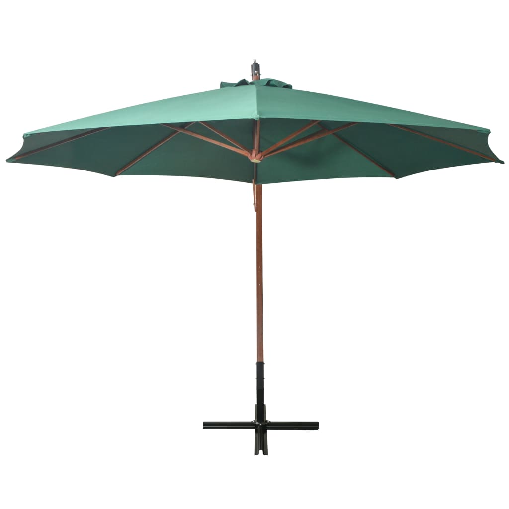 Umbrelă de soare suspendată 350 cm, stâlp din lemn, verde