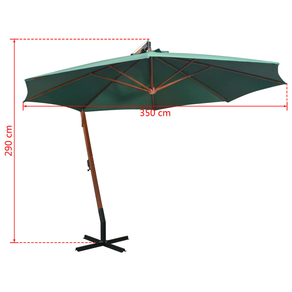 Umbrelă de soare suspendată 350 cm, stâlp din lemn, verde