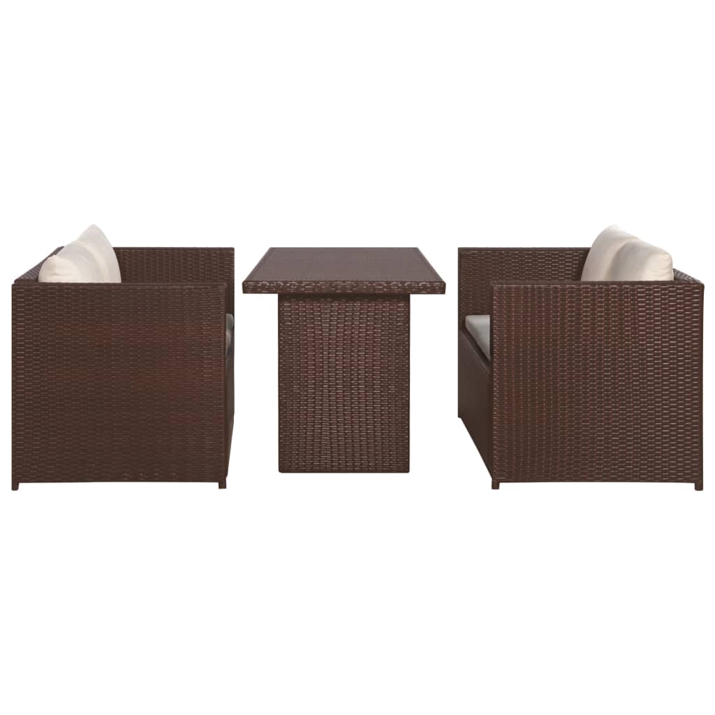 Set mobilier bistro cu perne, 3 piese, maro, poliratan