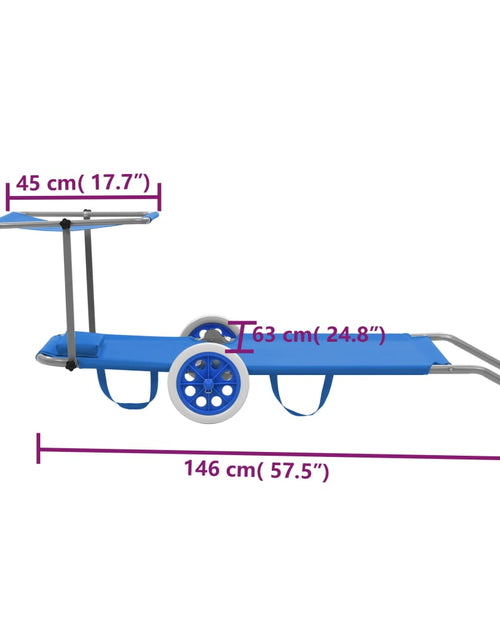 Încărcați imaginea în vizualizatorul Galerie, Șezlong de plajă pliabil cu baldachin și roți, albastru, oțel
