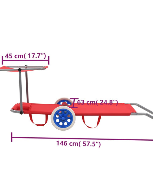 Загрузите изображение в средство просмотра галереи, Șezlong de plajă pliabil cu copertină și roți, roșu, oțel
