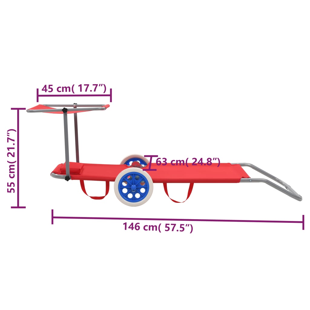 Șezlong de plajă pliabil cu copertină și roți, roșu, oțel