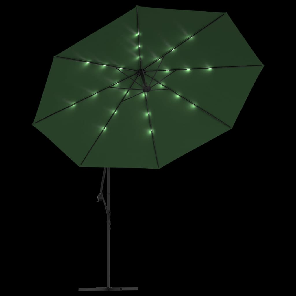 Umbrelă în consolă cu LED-uri și stâlp metalic, verde, 350 cm