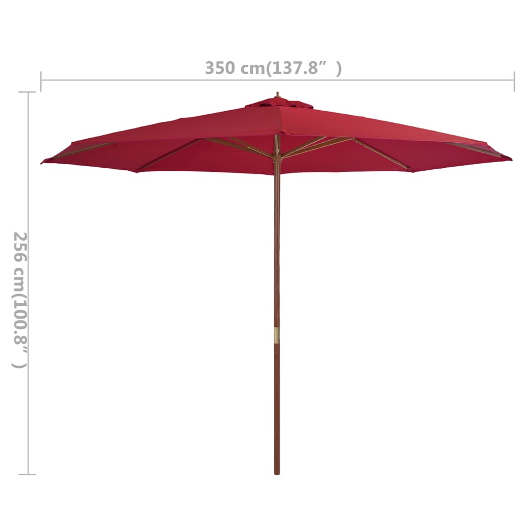 Umbrelă de soare de exterior cu stâlp din lemn, vișiniu, 350 cm