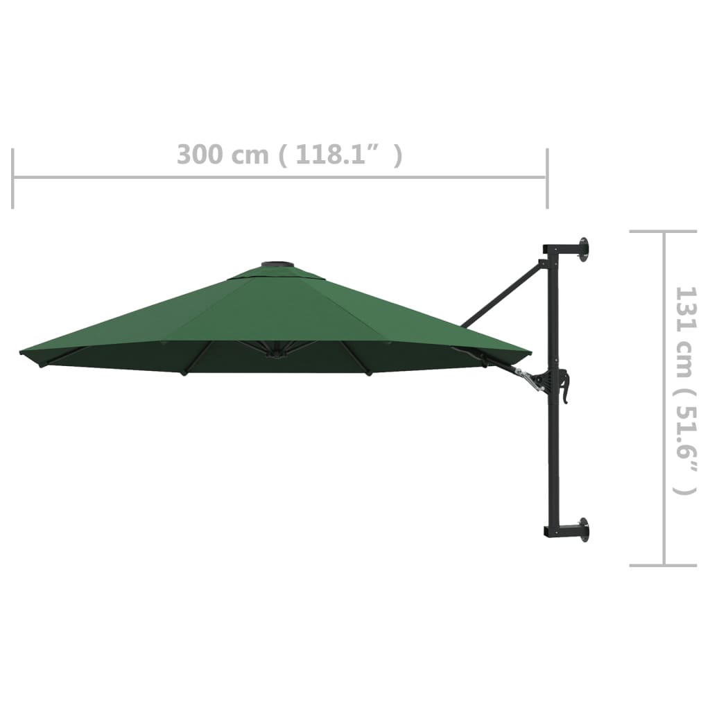 Umbrelă soare, montaj pe perete, tijă metalică, verde, 300 cm