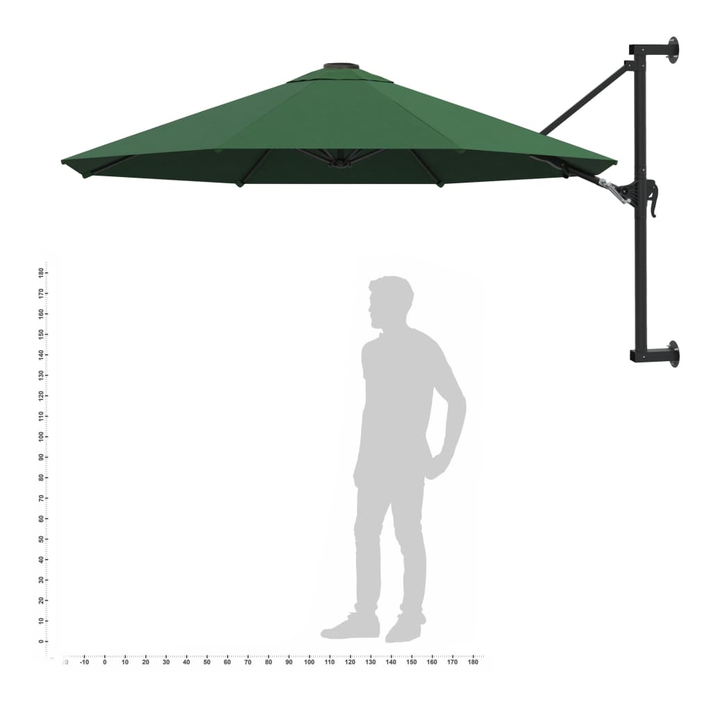 Umbrelă soare, montaj pe perete, tijă metalică, verde, 300 cm