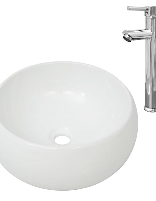 Încărcați imaginea în vizualizatorul Galerie, Chiuvetă de baie cu robinet mixer, ceramică, rotund, alb
