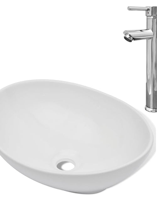 Încărcați imaginea în vizualizatorul Galerie, Chiuvetă de baie cu robinet mixer, ceramică, oval, alb
