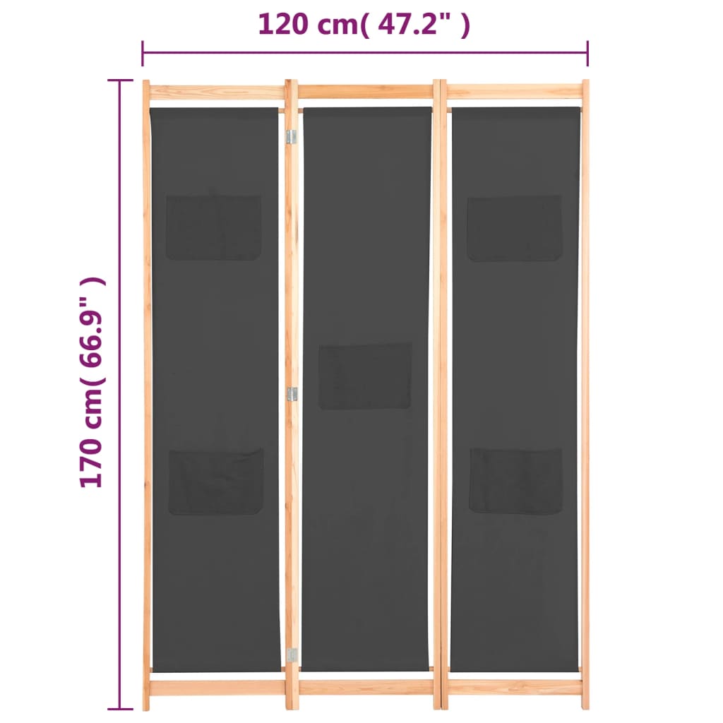 Paravan de cameră cu 3 panouri, gri, 120x170x4 cm, textil