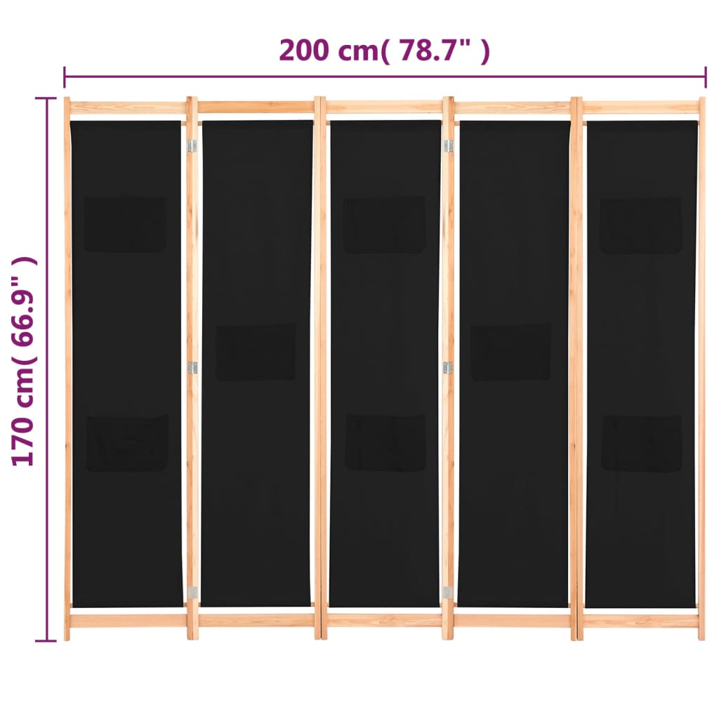 Paravan de cameră cu 5 panouri, 200x170x4 cm, material textil