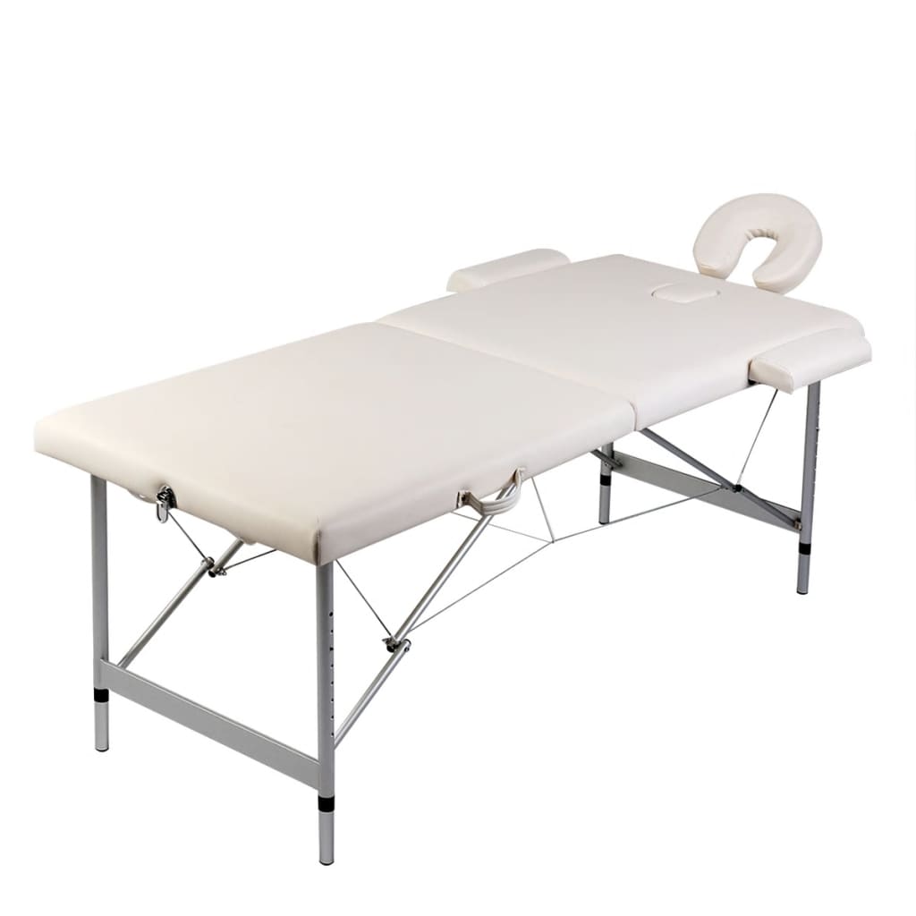 Masă de masaj pliabilă, 2 zone, alb crem, cadru din aluminiu