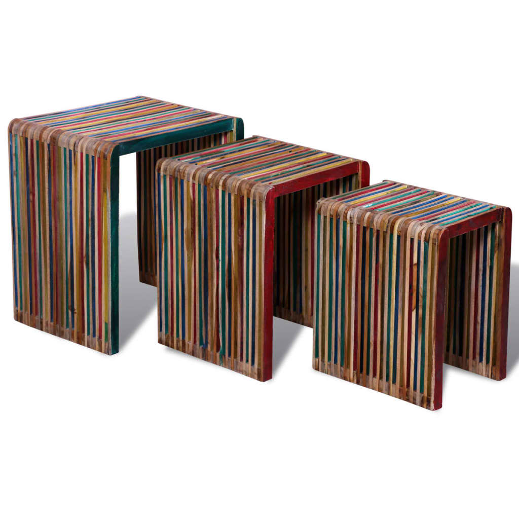 Set de mese suprapuse 3 piese, lemn de tec reciclat, multicolor