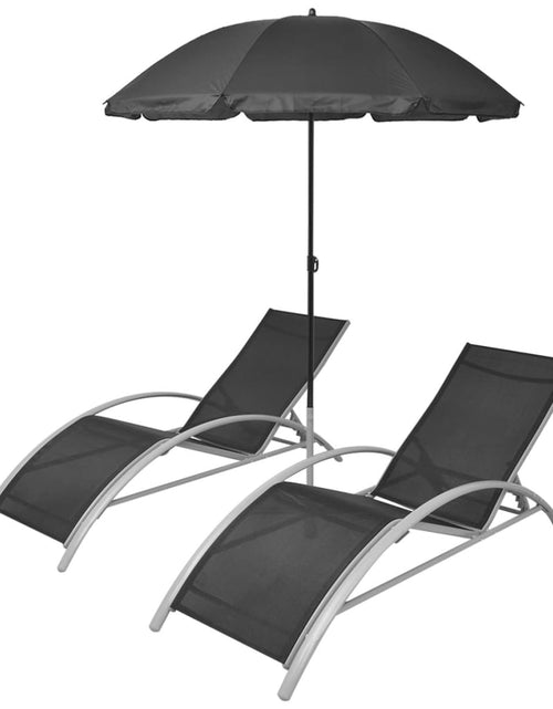 Încărcați imaginea în vizualizatorul Galerie, Șezlonguri de plajă cu umbrelă, negru, aluminiu
