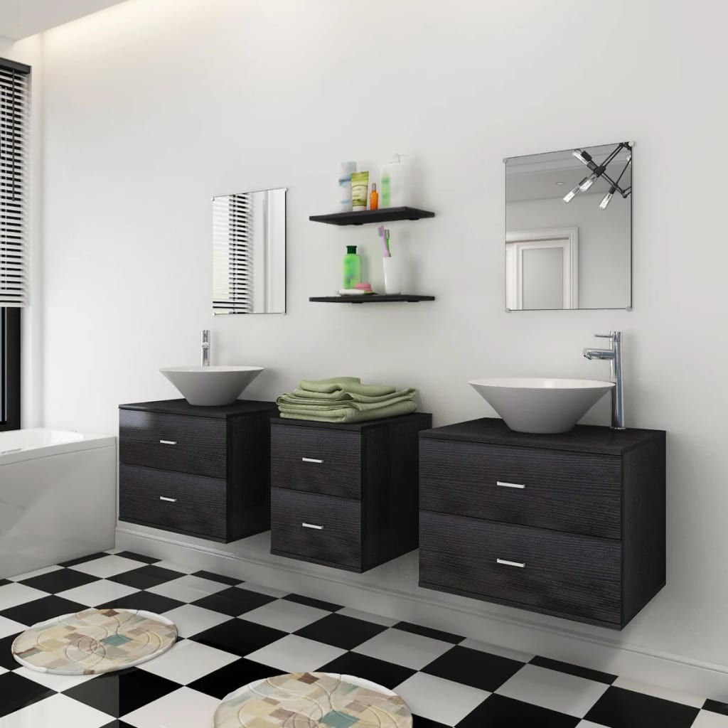 Set mobilier de baie, 9 piese, cu chiuvetă și robinet, negru