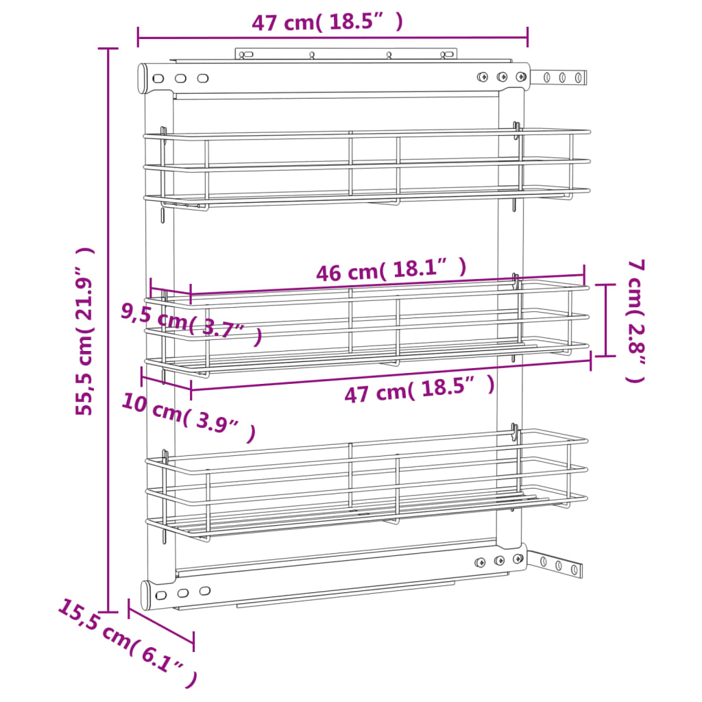 Coș sârmă bucătărie retractabil 3 raft argintiu 47x15,5x55,5 cm