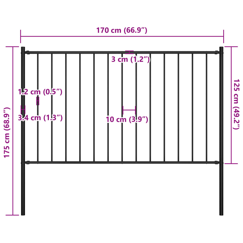 Panou de gard cu stâlpi, negru, 1,7 x 1,25 m, oțel