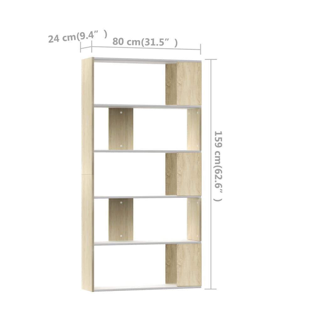 Bibliotecă/Separator cameră alb&stejar sonoma 80x24x159 cm PAL