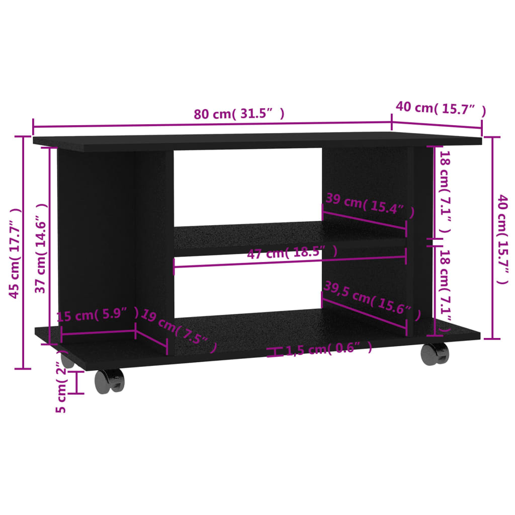 Comodă TV cu roți, negru, 80x40x45 cm, lemn prelucrat