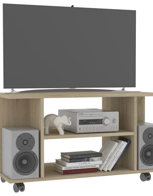 Загрузите изображение в средство просмотра галереи, Comodă TV cu roți, stejar Sonoma, 80x40x45 cm, lemn prelucrat
