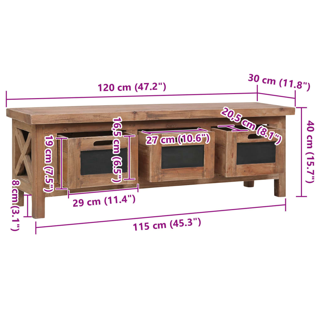 Comodă TV cu 3 sertare, 120 x 30 x 40 cm, lemn masiv de mahon