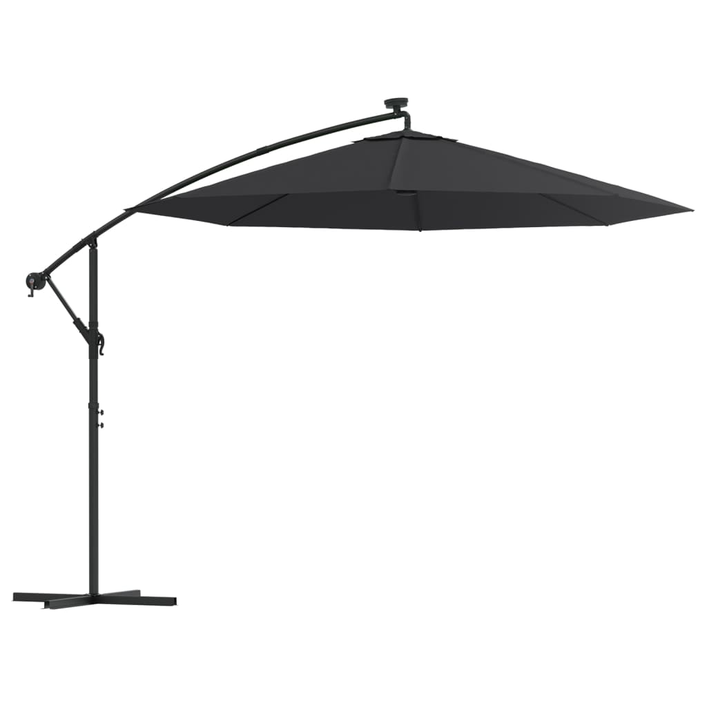 Umbrelă suspendată cu LED-uri și stâlp de oțel, negru, 300 cm