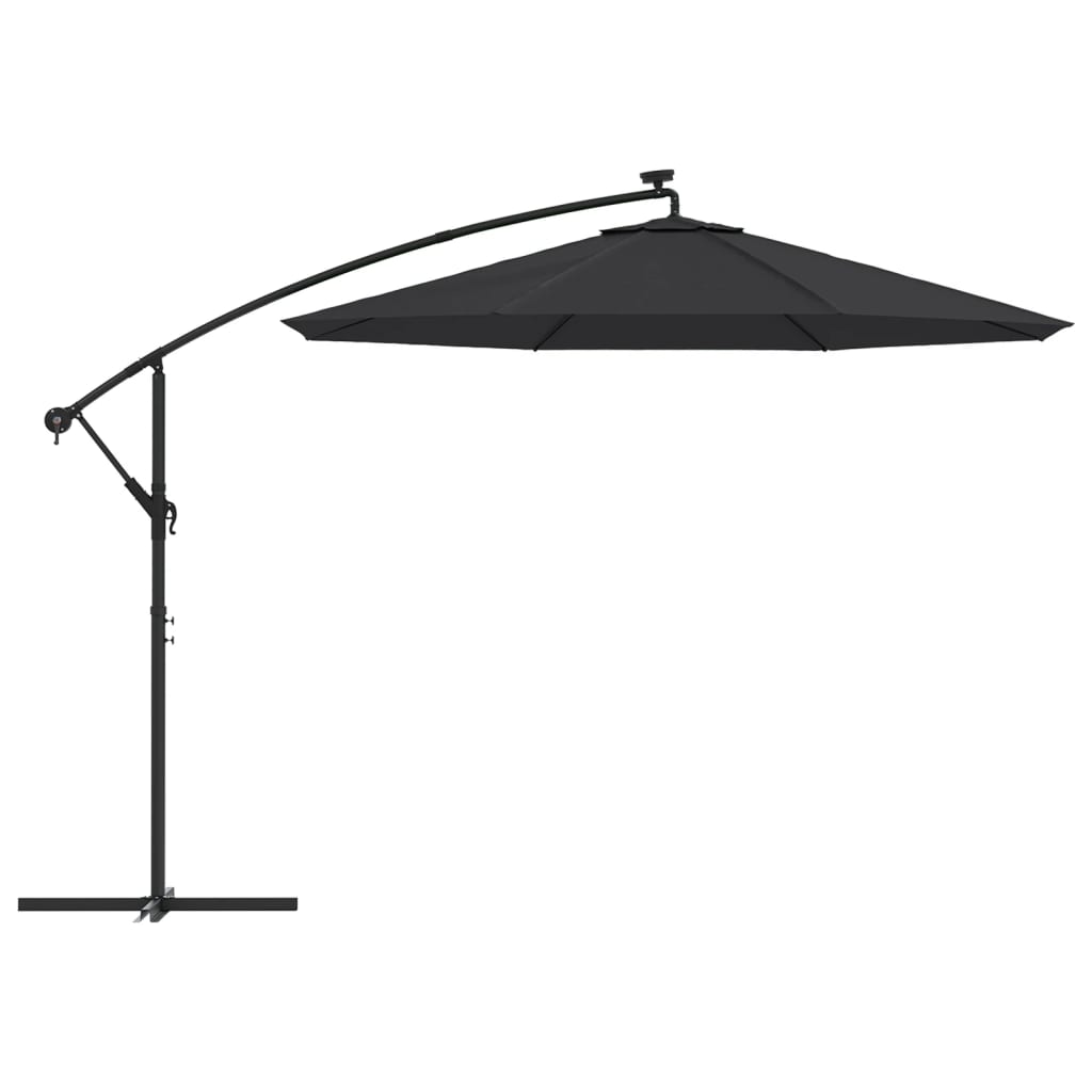 Umbrelă suspendată cu LED-uri și stâlp de oțel, negru, 300 cm