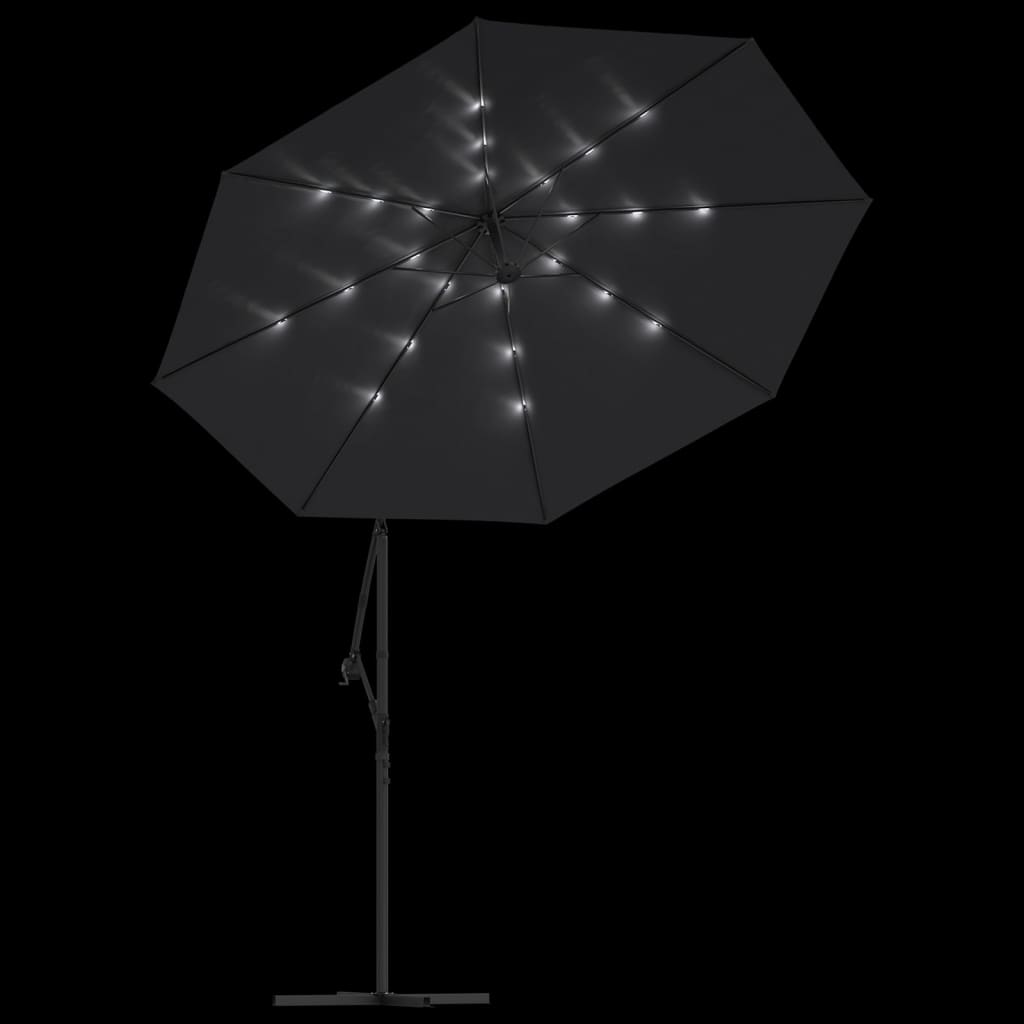 Umbrelă suspendată cu LED-uri și stâlp de oțel, negru, 300 cm