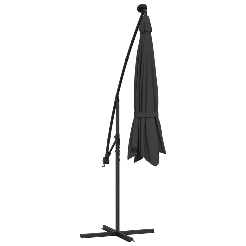 Umbrelă suspendată cu LED-uri și stâlp de oțel, negru, 300 cm