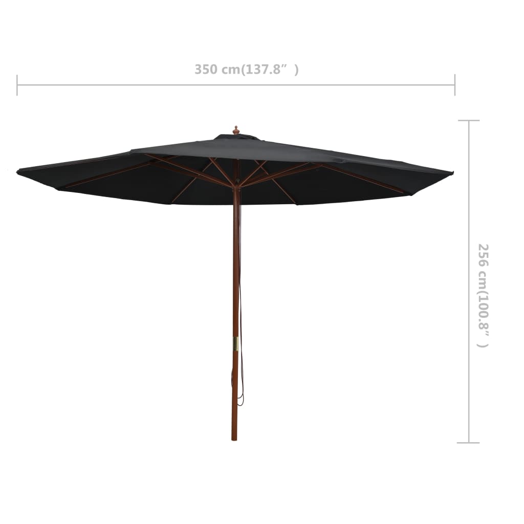 Umbrelă de soare de exterior, stâlp din lemn, negru, 350 cm