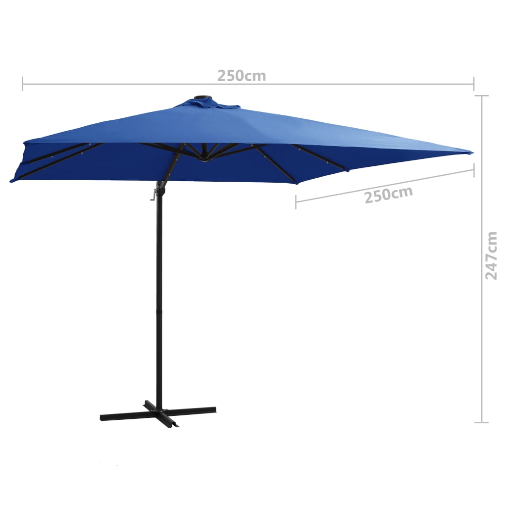 Umbrelă consolă cu LED, stâlp din oțel albastru azur 250x250 cm