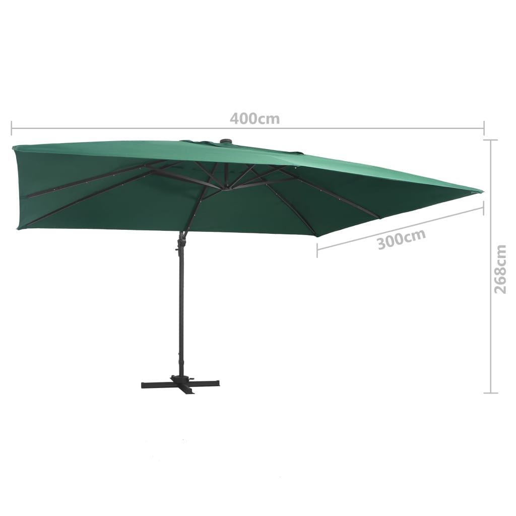 Umbrelă în consolă cu LED, stâlp din aluminiu verde 400x300 cm