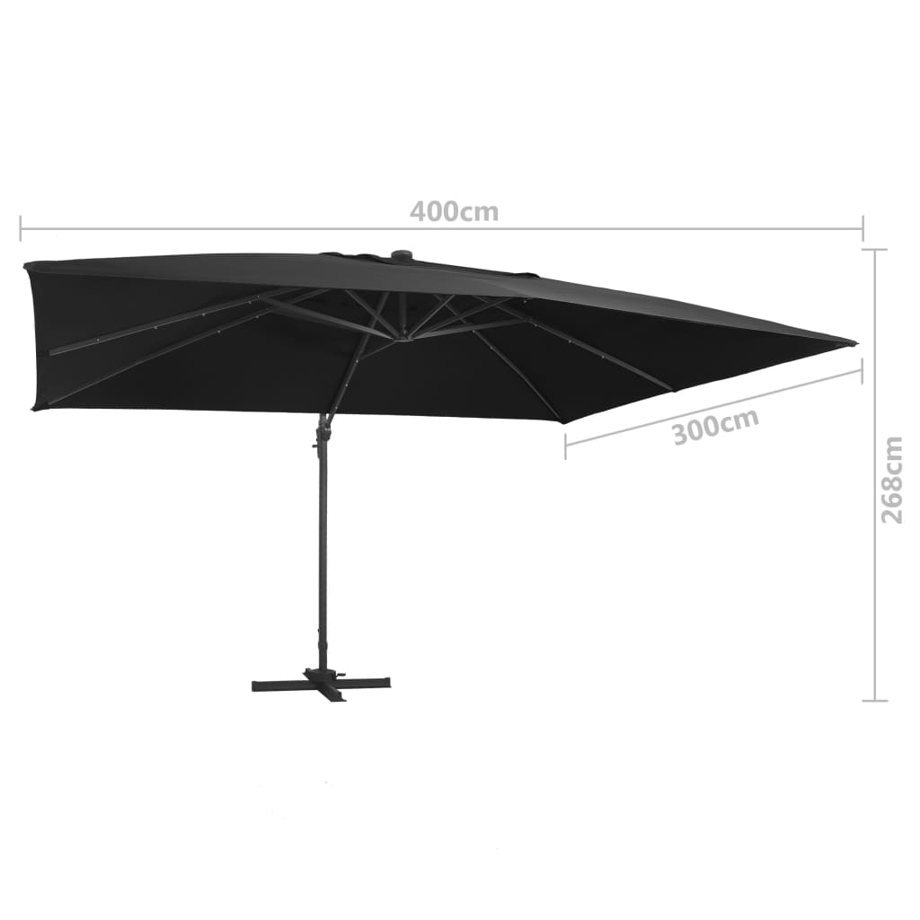 Umbrelă în consolă cu LED, stâlp din aluminiu negru 400x300 cm