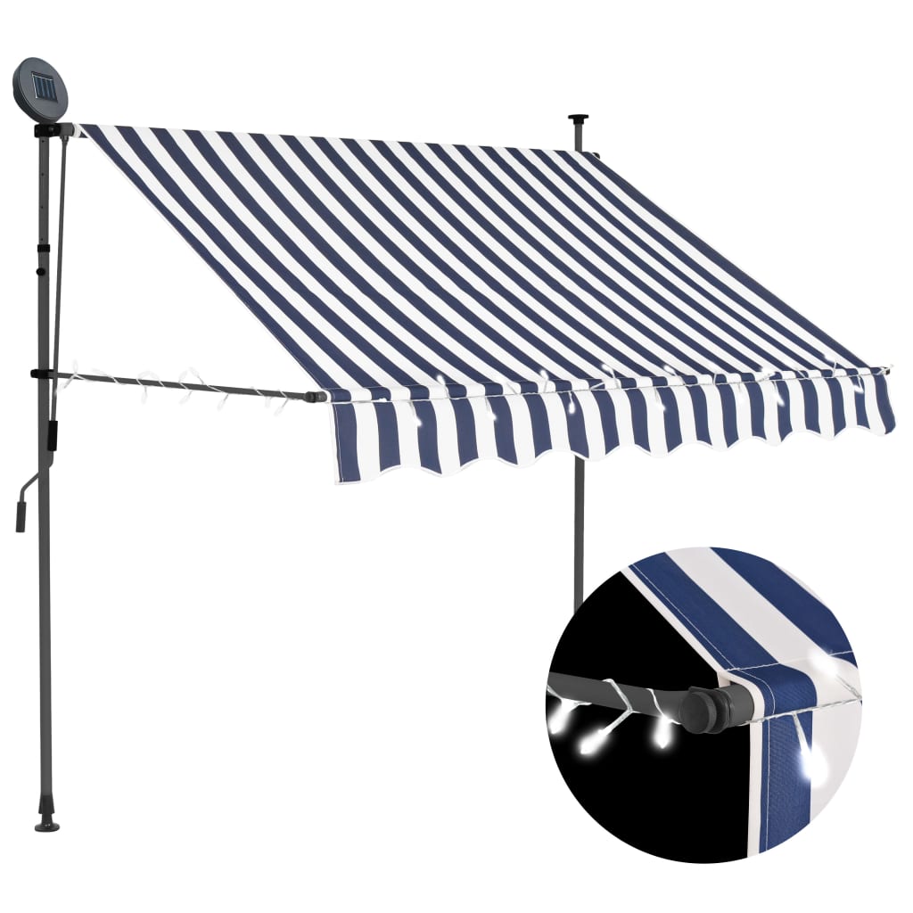 Copertină retractabilă manual cu LED, albastru & alb, 150 cm