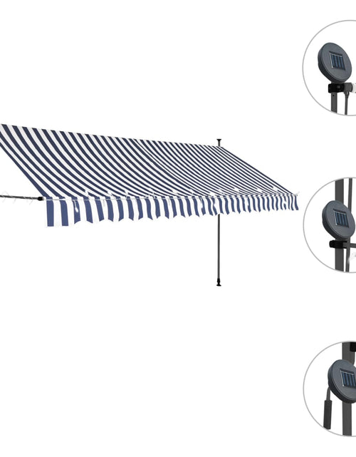 Загрузите изображение в средство просмотра галереи, Copertină retractabilă manual cu LED, albastru &amp; alb, 400 cm
