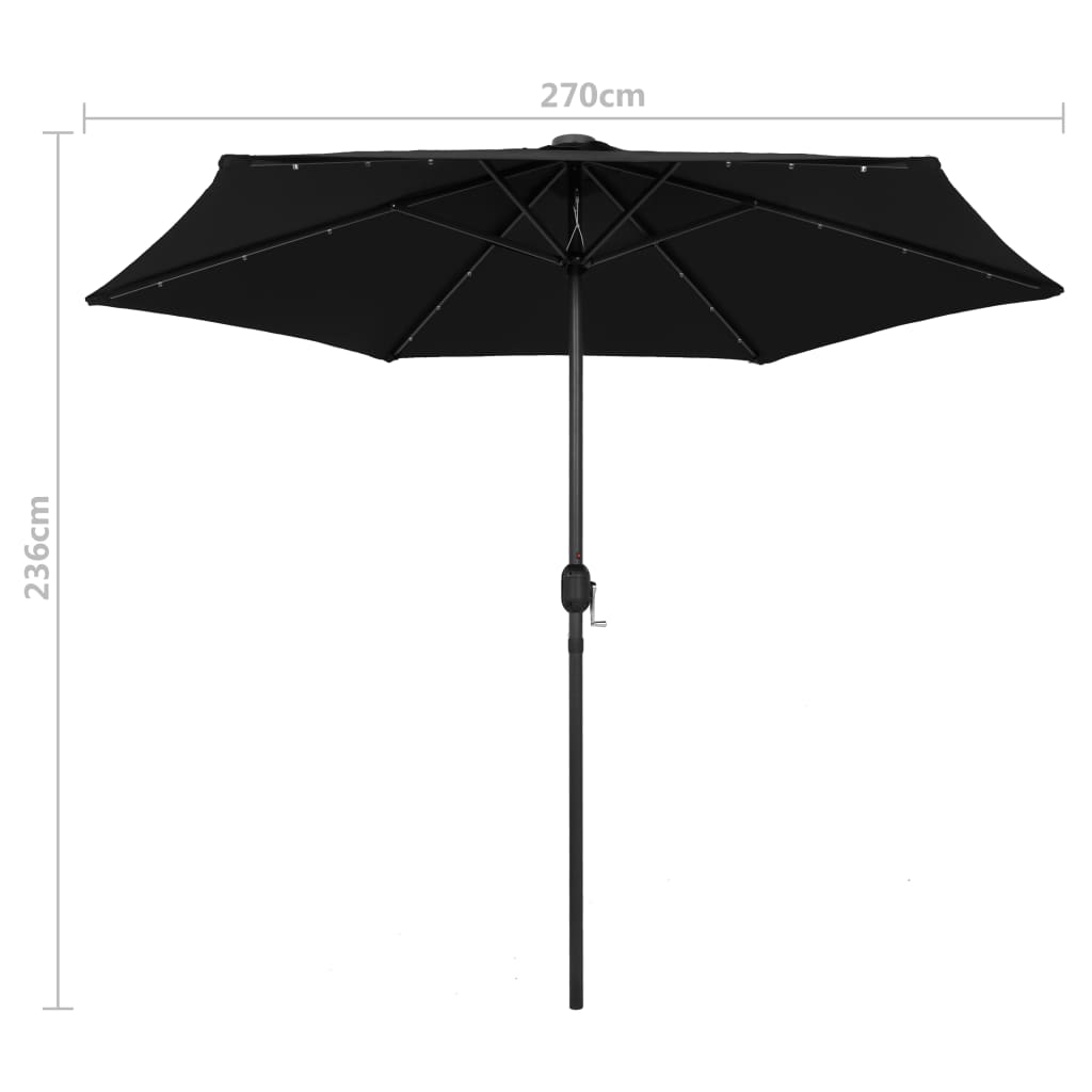 Umbrelă de soare cu LED și stâlp aluminiu, negru, 270 cm