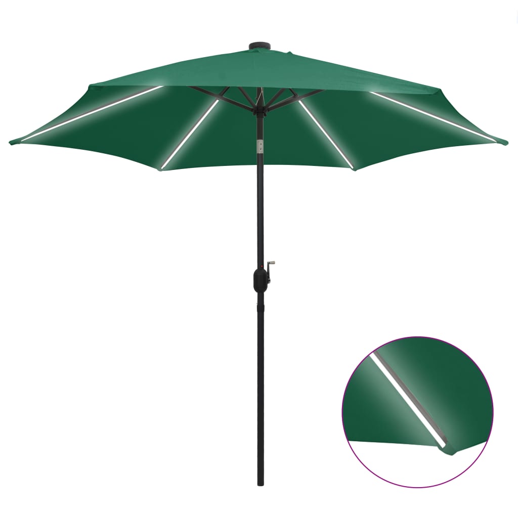 Umbrelă de soare, LED-uri și stâlp aluminiu, verde, 300 cm