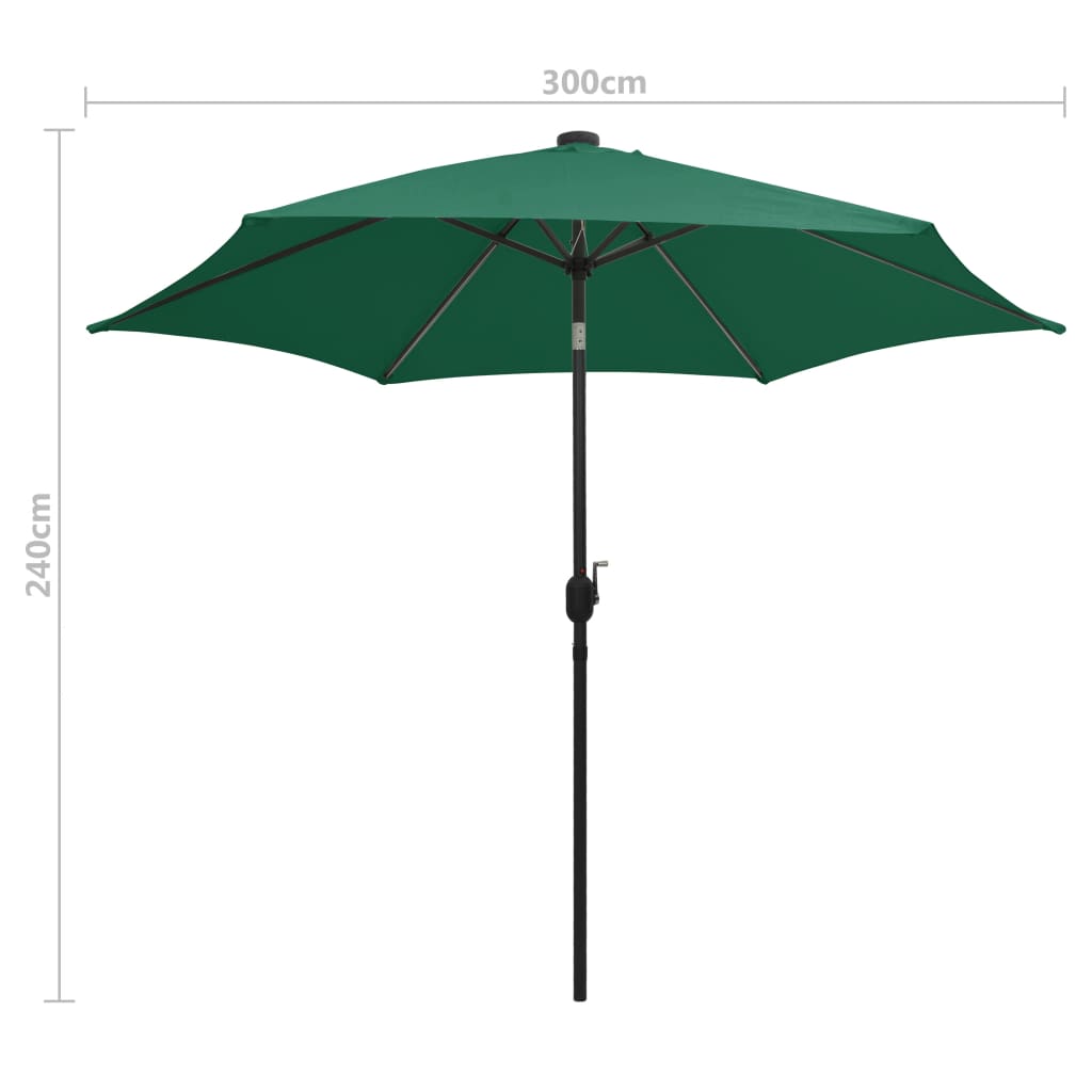 Umbrelă de soare, LED-uri și stâlp aluminiu, verde, 300 cm