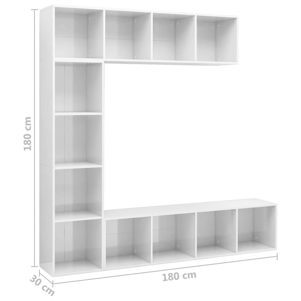 Set bibliotecă TV, 3 piese, alb foarte lucios, 180x30x180 cm - Lando