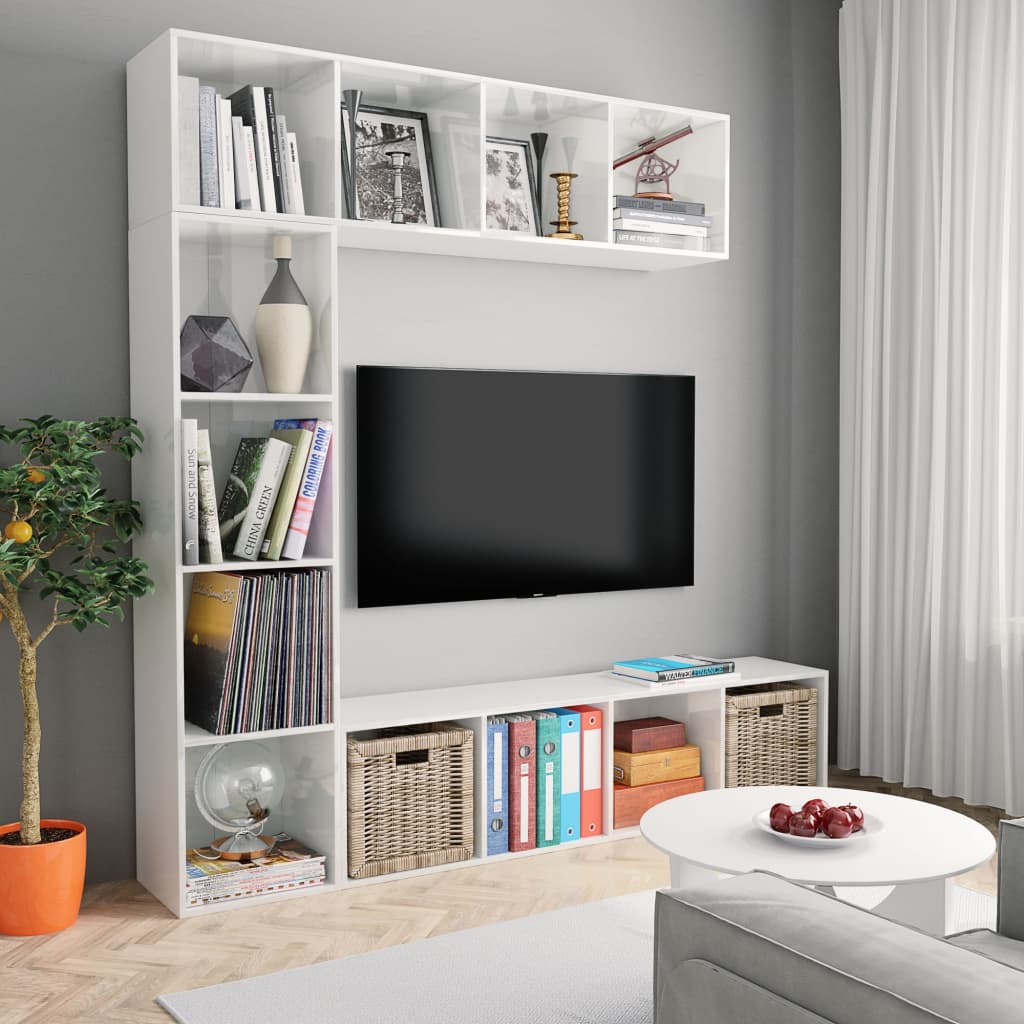 Set bibliotecă TV, 3 piese, alb foarte lucios, 180x30x180 cm - Lando