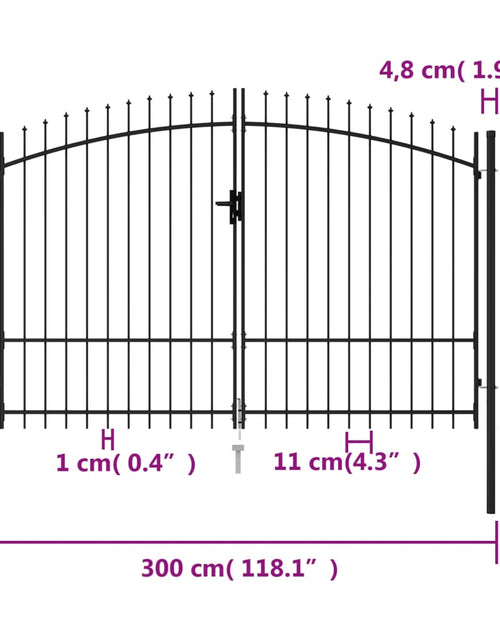 Загрузите изображение в средство просмотра галереи, Poartă de gard cu ușă dublă, vârf ascuțit, negru, 3x2 m, oțel
