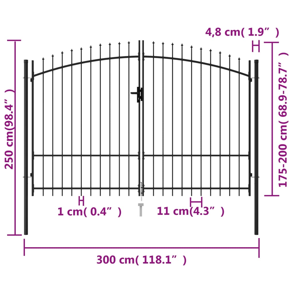 Poartă de gard cu ușă dublă, vârf ascuțit, negru, 3x2 m, oțel