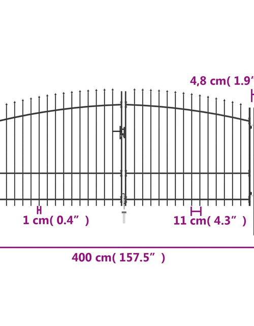 Încărcați imaginea în vizualizatorul Galerie, Poartă de gard cu două uși, cu vârfuri de suliță, 400 x 225 cm
