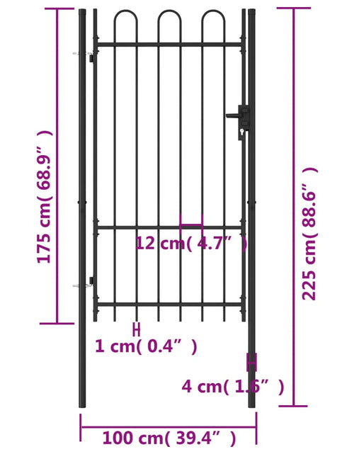 Încărcați imaginea în vizualizatorul Galerie, Poartă de gard, o ușă, cu vârf arcuit, negru, 1 x 1,75 m, oțel
