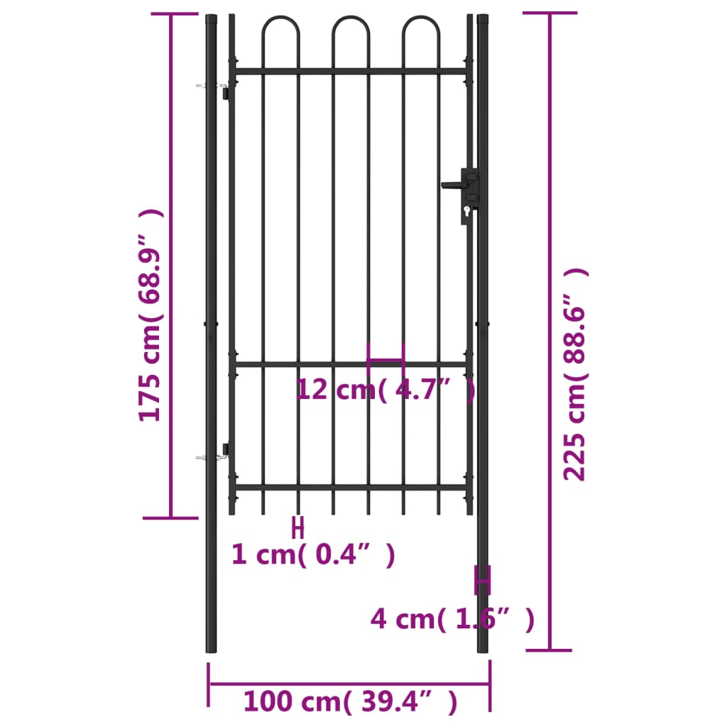 Poartă de gard, o ușă, cu vârf arcuit, negru, 1 x 1,75 m, oțel