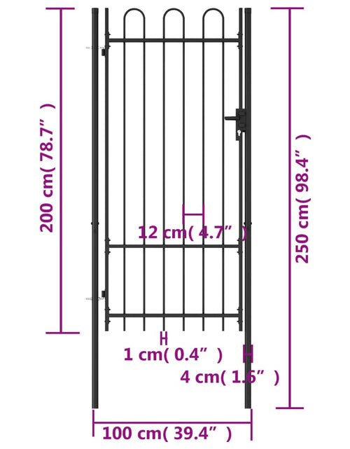 Încărcați imaginea în vizualizatorul Galerie, Poartă de gard, o ușă, cu vârf arcuit, negru, 1 x 2 m, oțel
